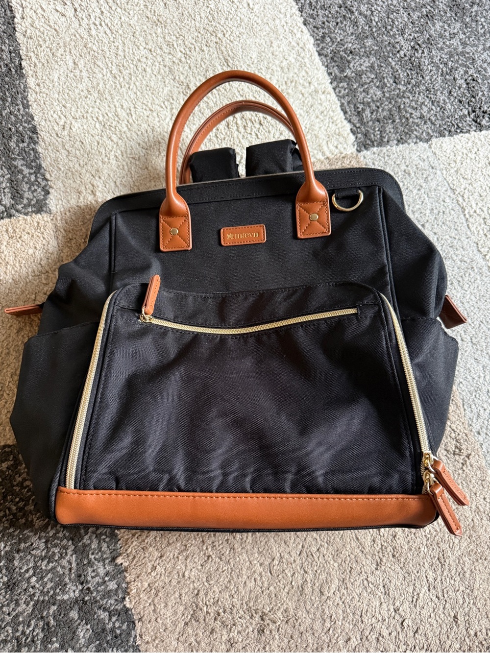 Maevn Ready Go 2 Clinical Black and Tan Backpack Tote with Leather Trim